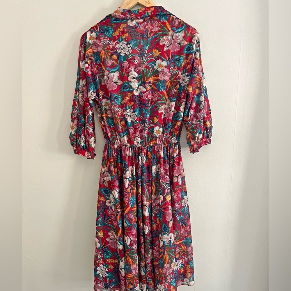 Vintage 1970s Samuel Blue Tropical Floral Midi Dress Dagger Collar - Picture 13 of 15